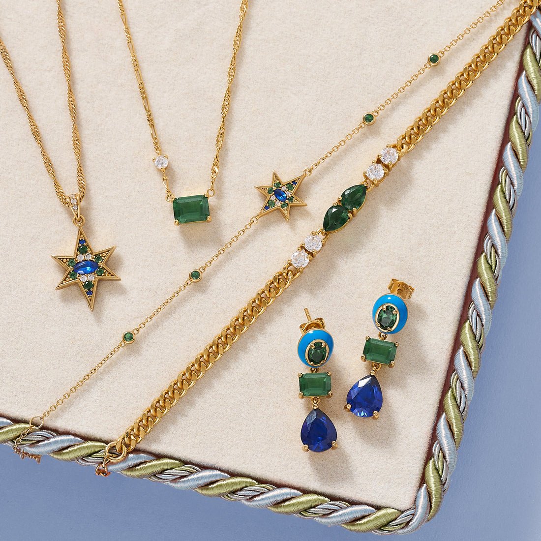 Frida Statement Enamel Earrings Sapphire, Emerald CZ and Gold - Samuel Perry