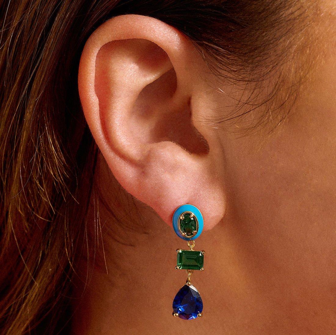 Frida Statement Enamel Earrings Sapphire, Emerald CZ and Gold - Samuel Perry