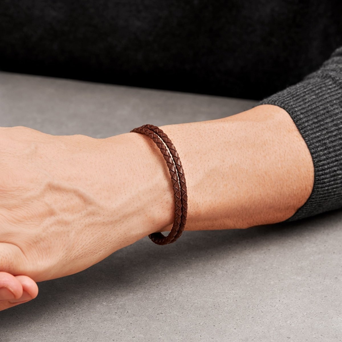 Gents BOSS Seal Brown Leather Braided Bracelet - Samuel Perry
