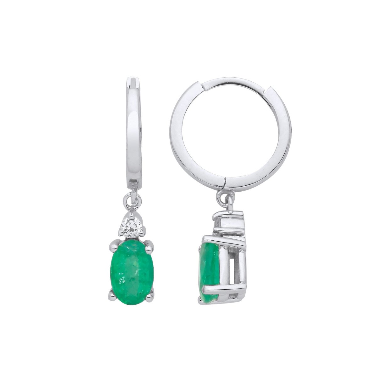 Graceful 9ct White Gold Diamond & Emerald Earrings - Samuel Perry