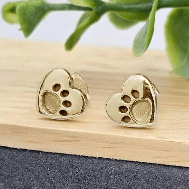 Heart Paw Memorial Stud Earrings in 9ct Yellow Gold - Samuel Perry