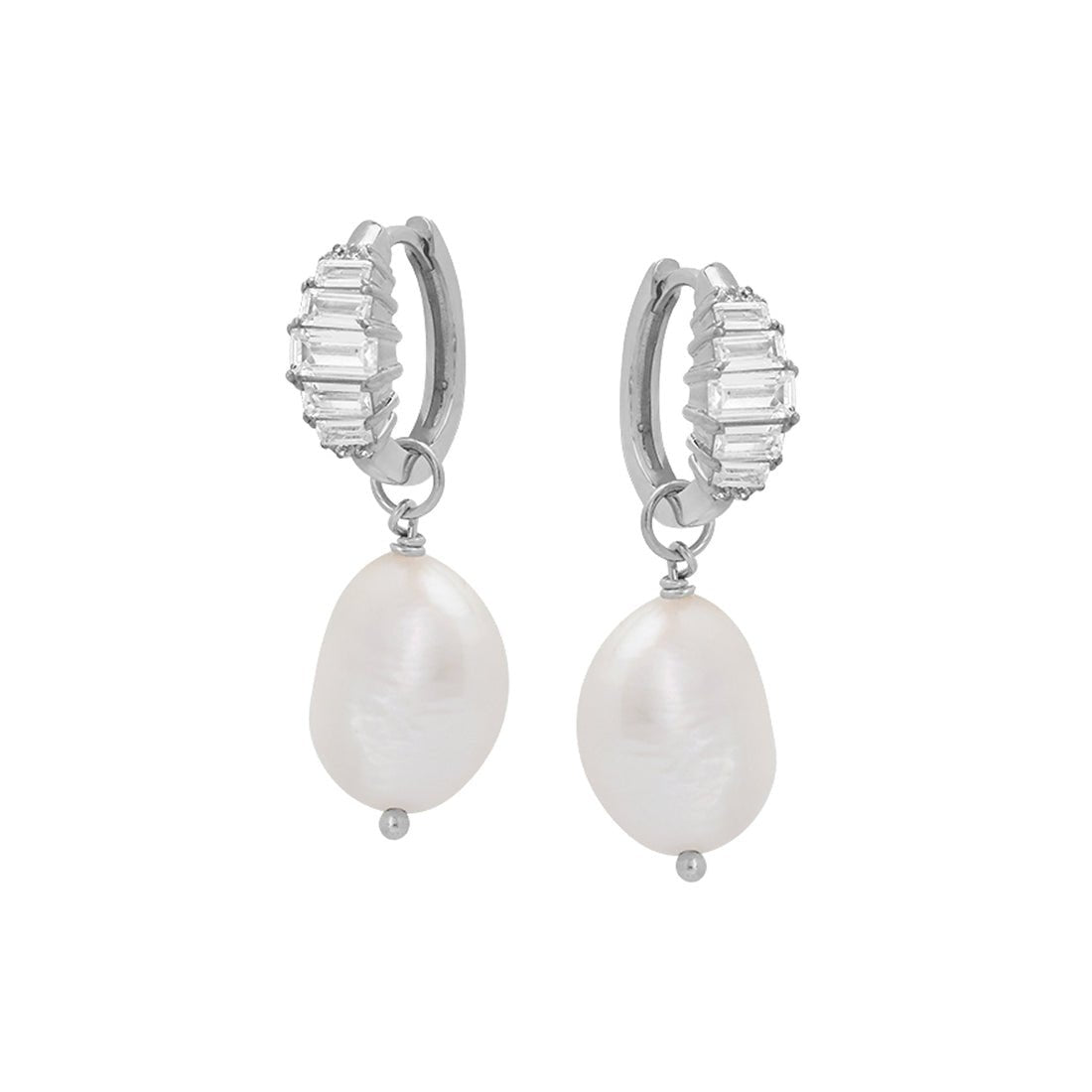 Isla Graduated Baguette Hoops Baroque Pearl and Silver - Samuel Perry