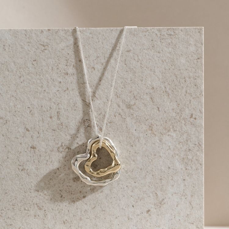 Large Molten Heart Necklace in Sterling Silver with small 9ct Yellow Gold molten heart - Samuel Perry