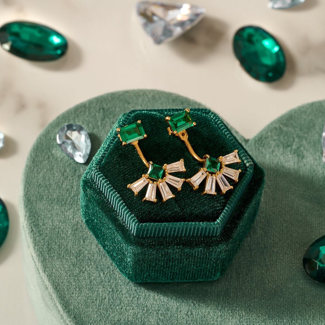 Lola Deco Fan Jacket Earrings Emerald CZ and Gold - Samuel Perry