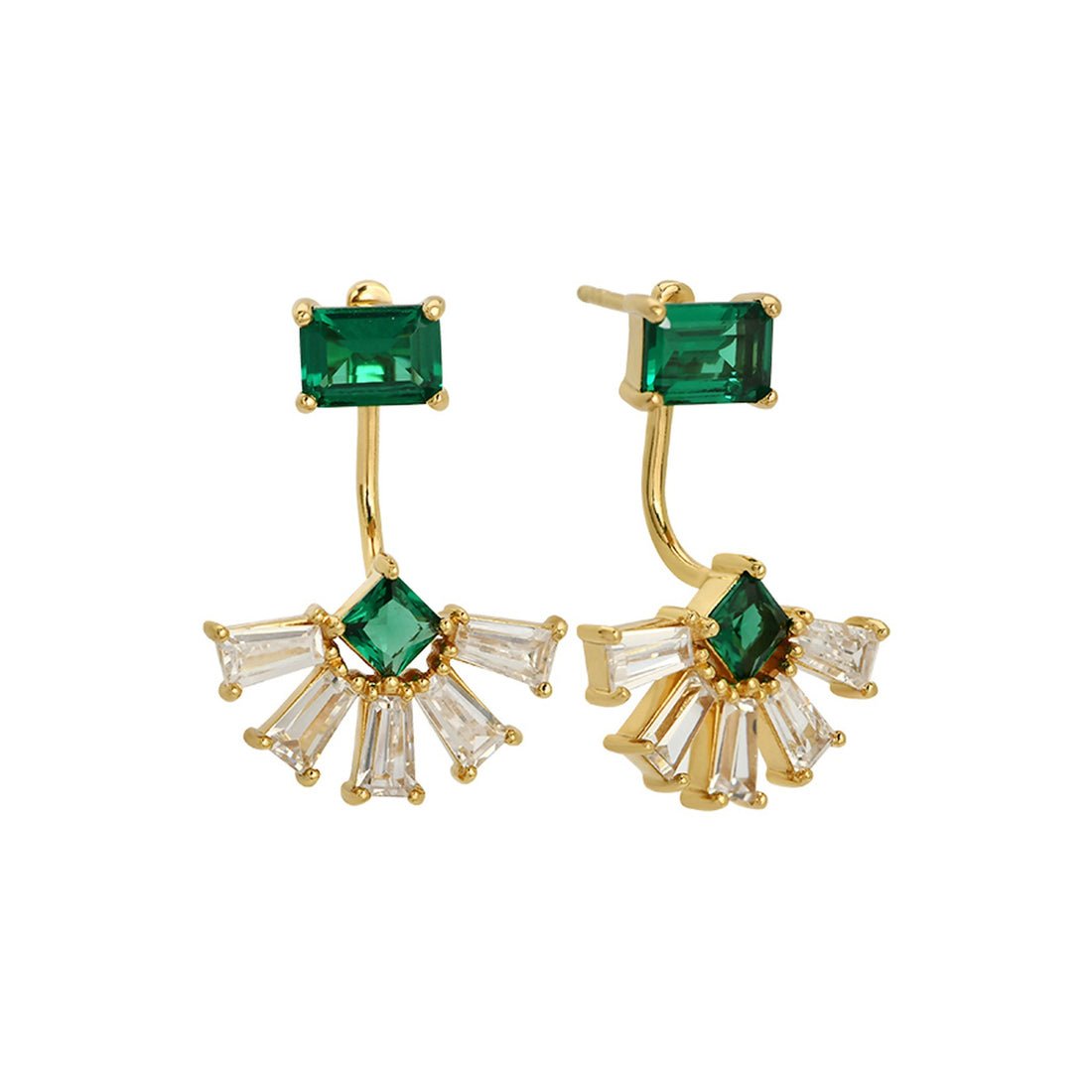 Lola Deco Fan Jacket Earrings Emerald CZ and Gold - Samuel Perry