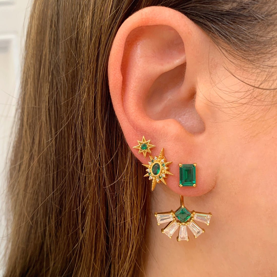 Lola Deco Fan Jacket Earrings Emerald CZ and Gold - Samuel Perry