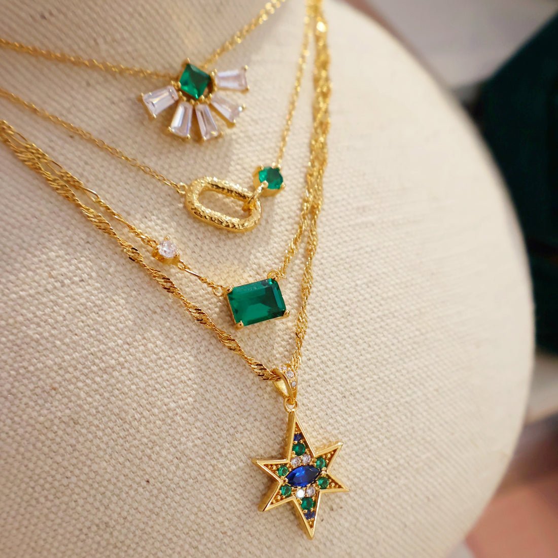Lola Emerald Cut Necklace Emerald Green, Clear CZ and Gold - Samuel Perry