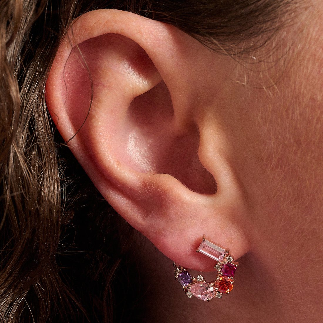 Lottie Cluster Sideways Hoops Disco CZ and Rose Gold - Samuel Perry