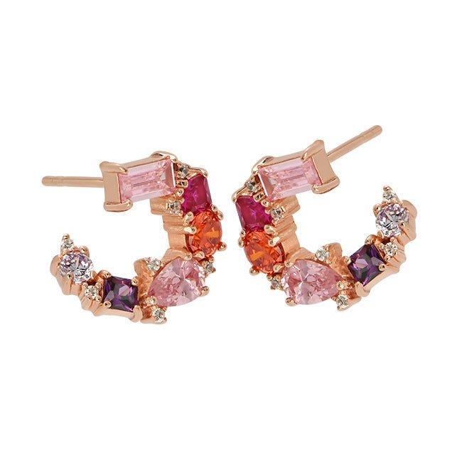 Lottie Cluster Sideways Hoops Disco CZ and Rose Gold - Samuel Perry