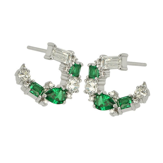Lottie Cluster Sideways Hoops Emerald, Clear CZ and Silver - Samuel Perry