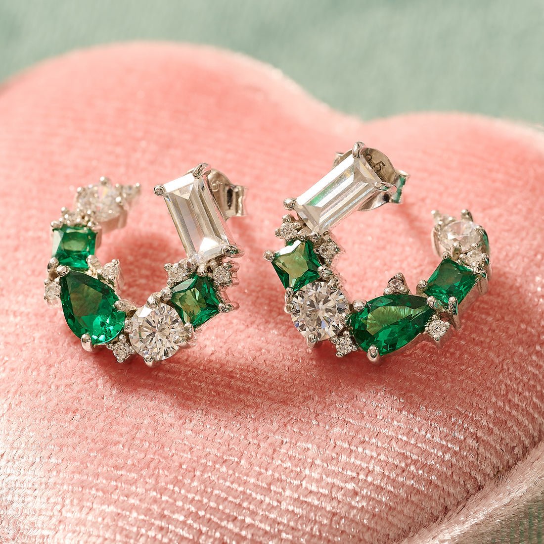Lottie Cluster Sideways Hoops Emerald, Clear CZ and Silver - Samuel Perry