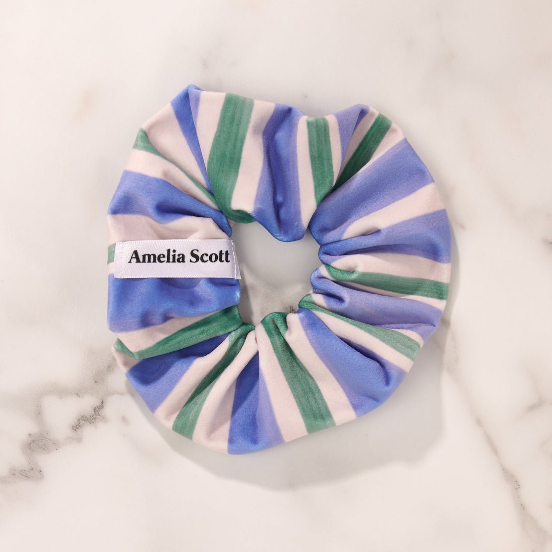 Lucy Scrunchie Candy Stripe Cornflower and Green Velvet - Samuel Perry