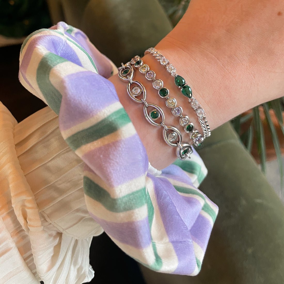 Lucy Scrunchie Candy Stripe Lilac and Green Velvet - Samuel Perry