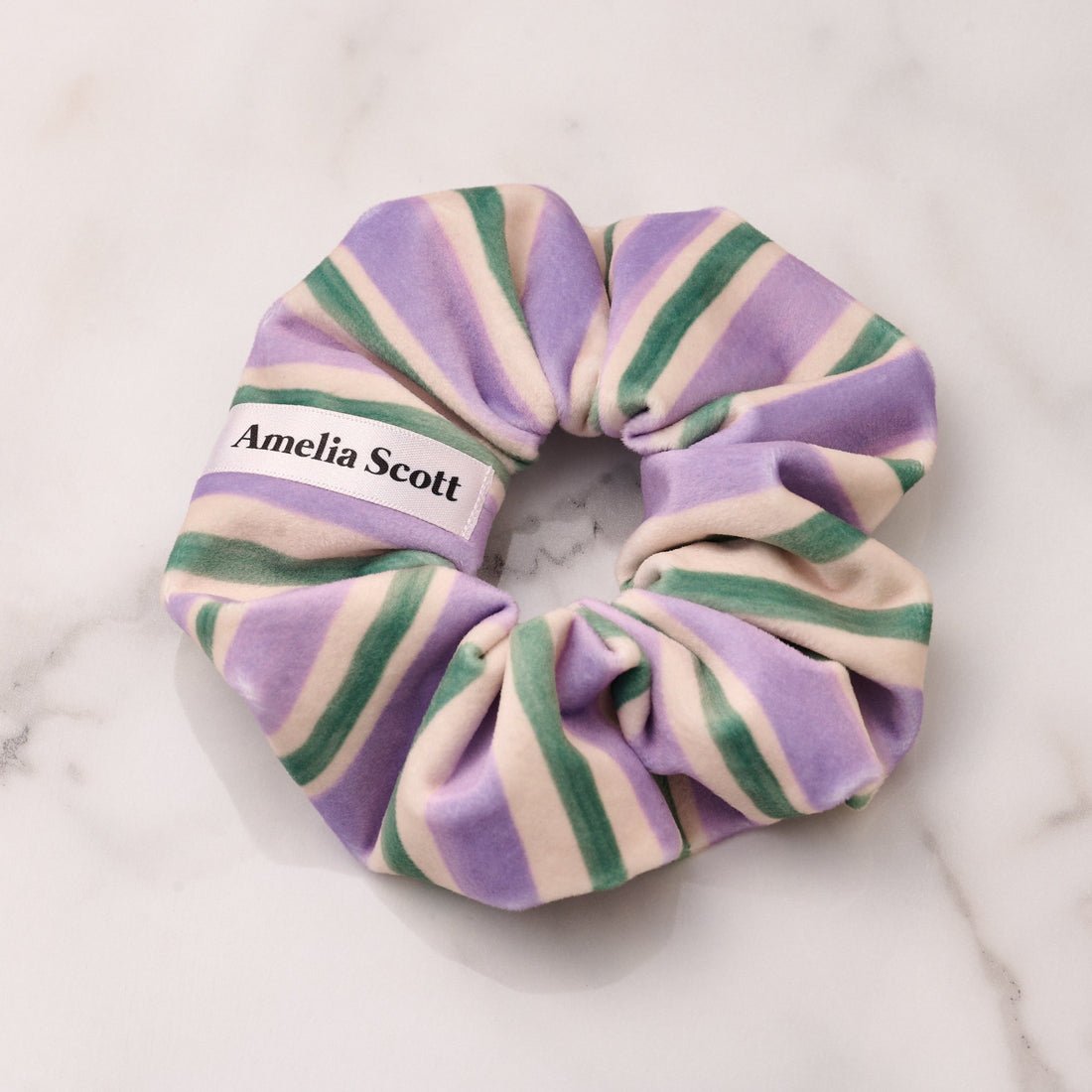Lucy Scrunchie Candy Stripe Lilac and Green Velvet - Samuel Perry