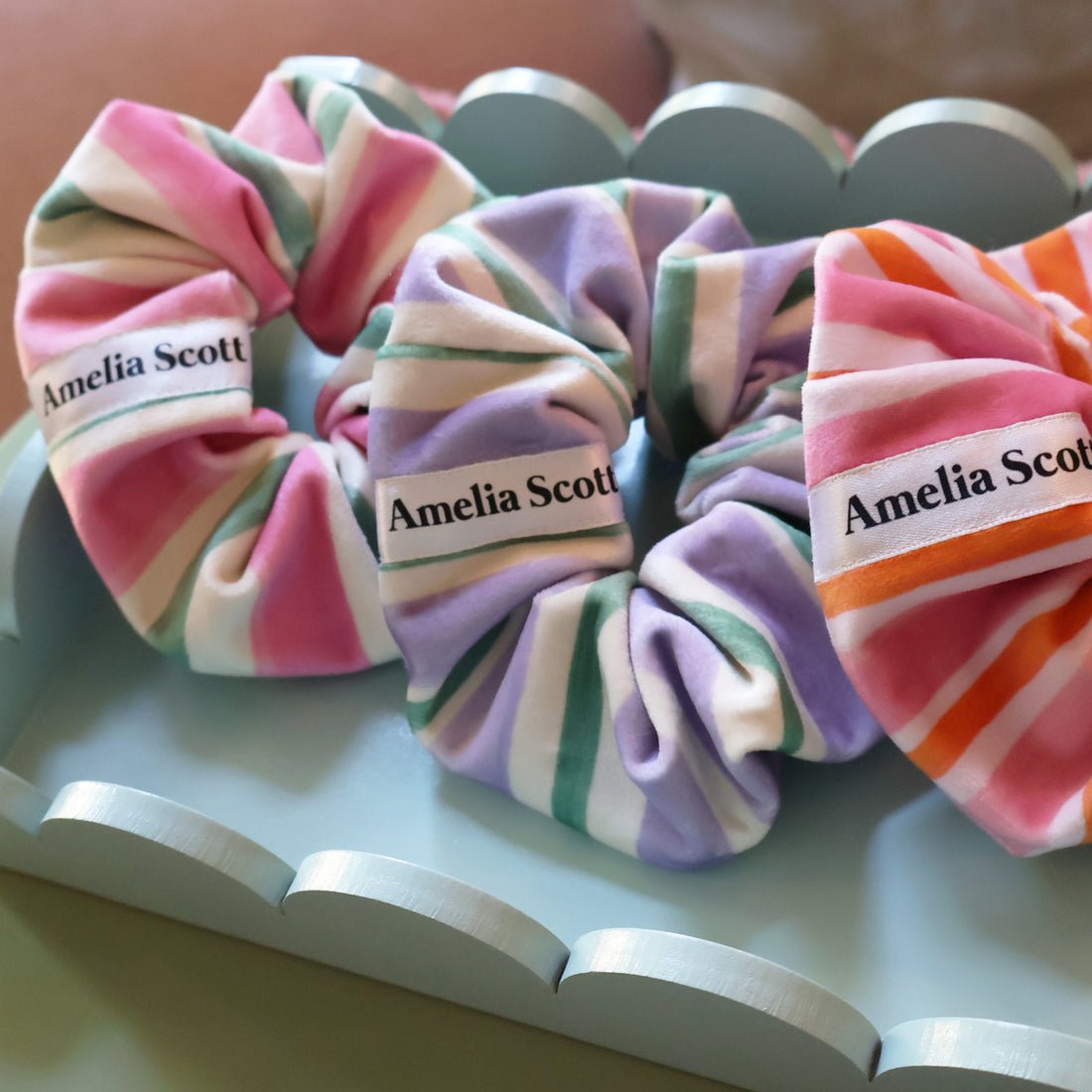 Lucy Scrunchie Candy Stripe Pink and Green Velvet - Samuel Perry