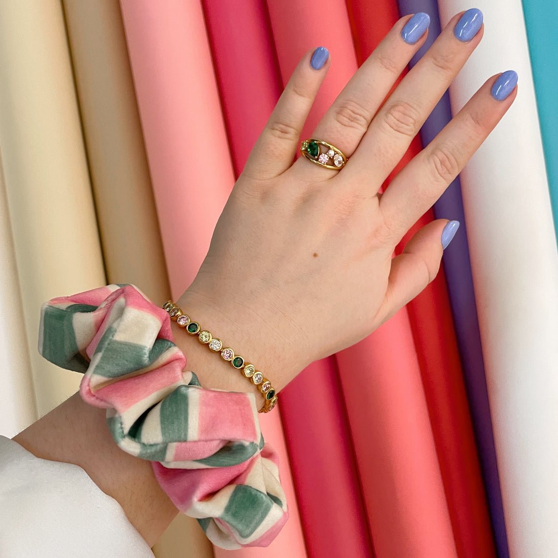 Lucy Scrunchie Candy Stripe Pink and Green Velvet - Samuel Perry