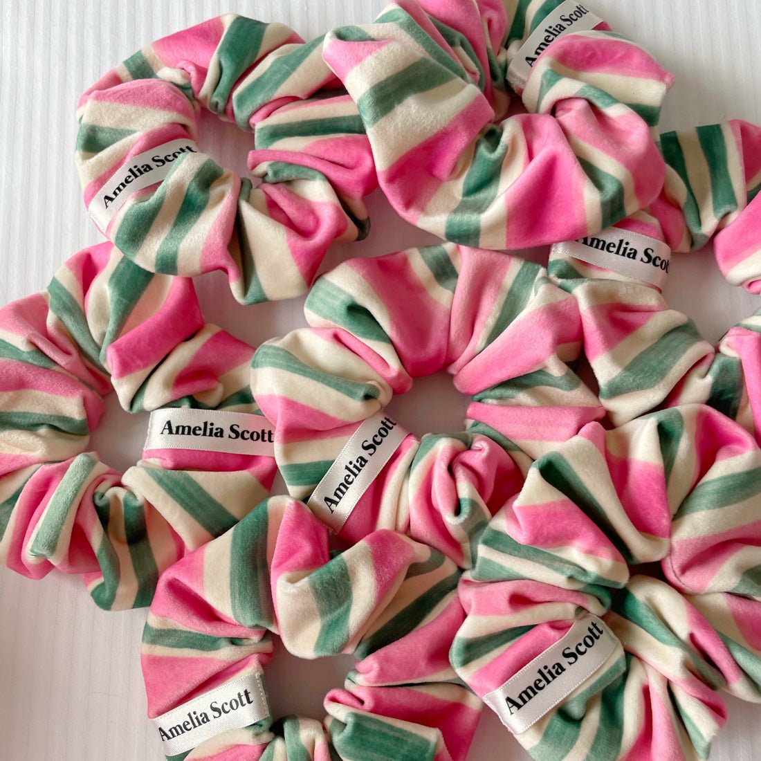 Lucy Scrunchie Candy Stripe Pink and Green Velvet - Samuel Perry