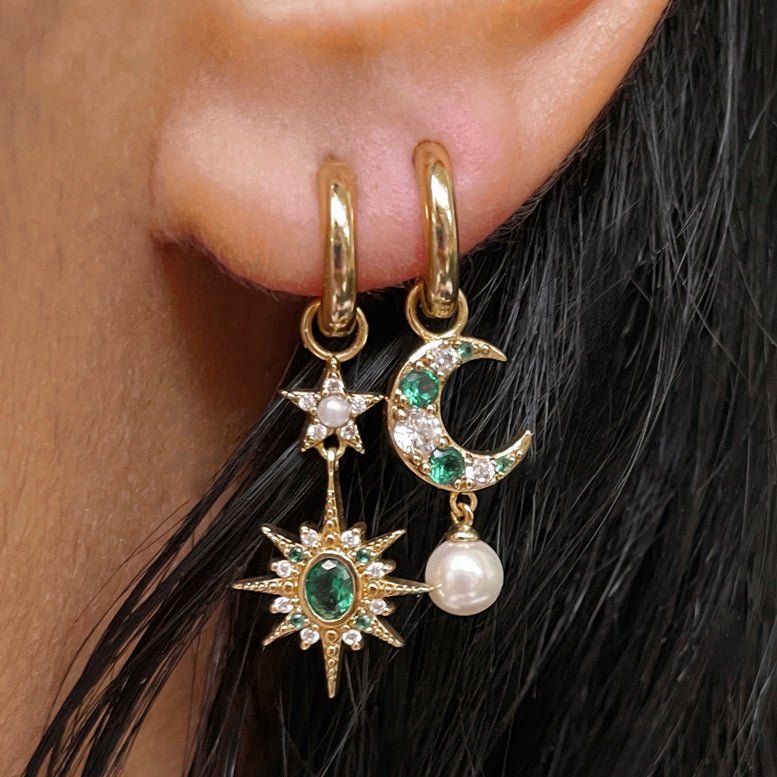 Luna Mismatch Moon and Star Huggies Emerald CZ and Gold - Samuel Perry