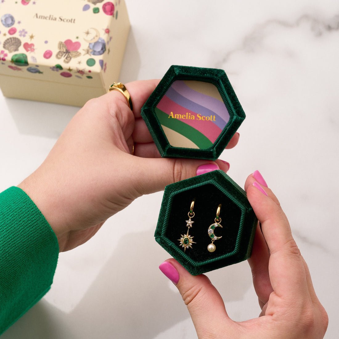 Luna Mismatch Moon and Star Huggies Emerald CZ and Gold - Samuel Perry