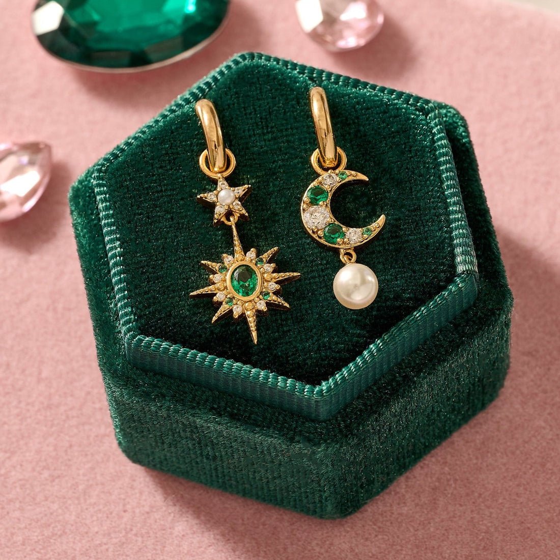 Luna Mismatch Moon and Star Huggies Emerald CZ and Gold - Samuel Perry