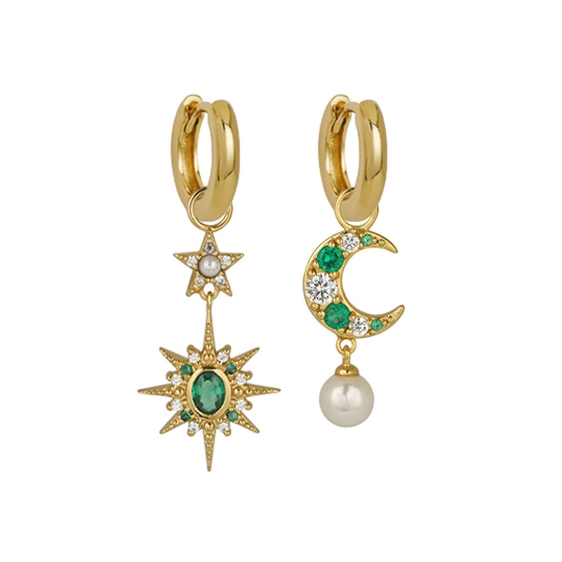 Luna Mismatch Moon and Star Huggies Emerald CZ and Gold - Samuel Perry