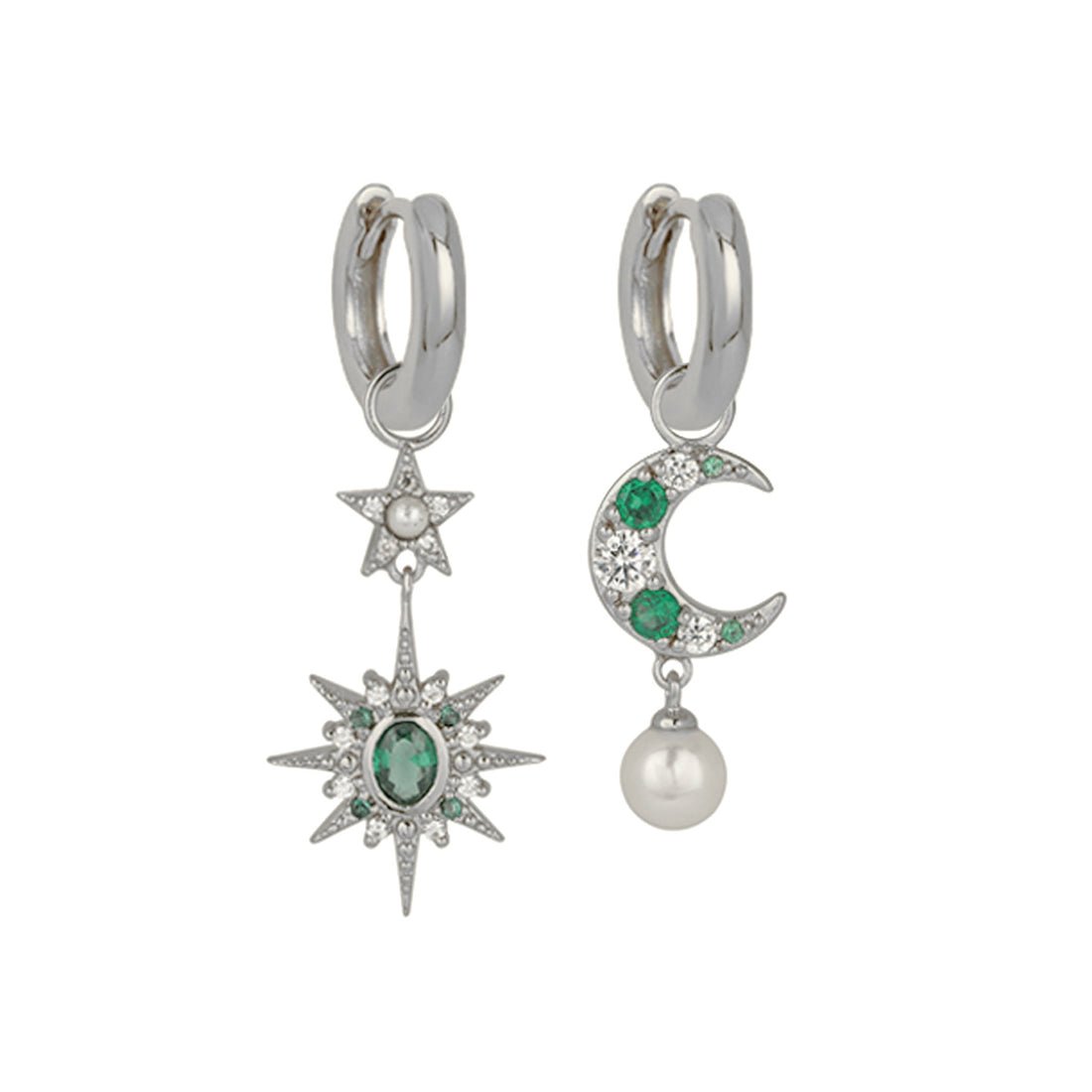 Luna Mismatch Moon and Star Huggies Emerald CZ and Silver - Samuel Perry