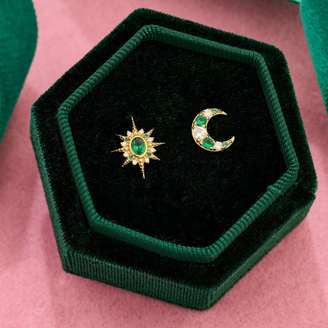 Luna Mismatch Star and Moon Studs Emerald CZ and Gold - Samuel Perry