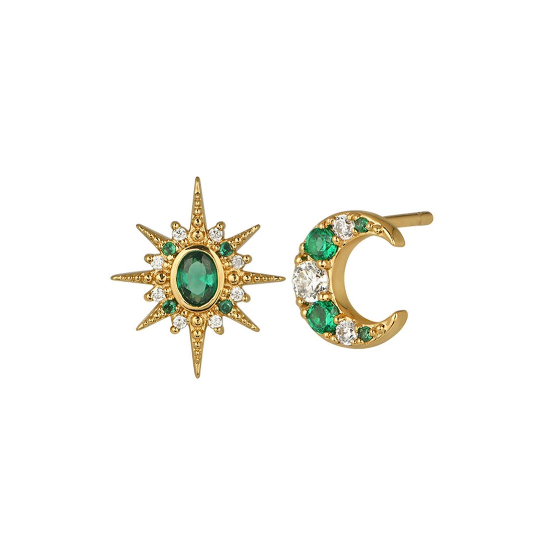 Luna Mismatch Star and Moon Studs Emerald CZ and Gold - Samuel Perry