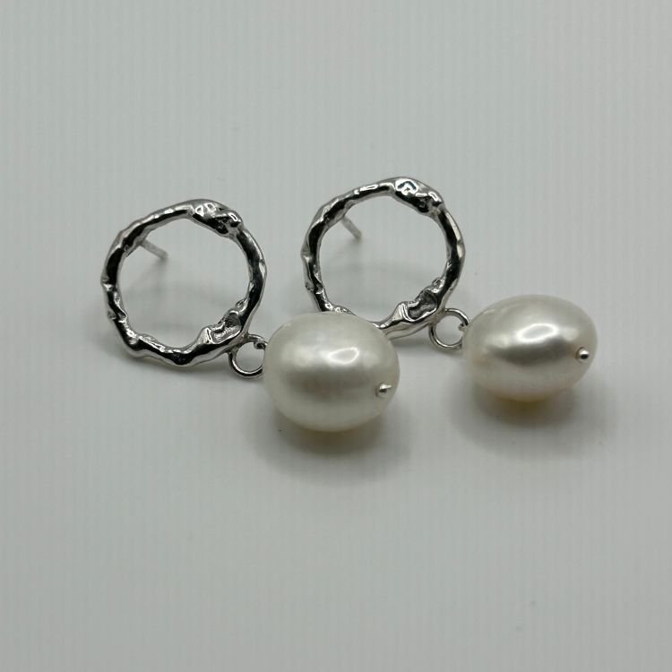 Molten Halo Sterling Silver Pearl Drop Earrings - Samuel Perry