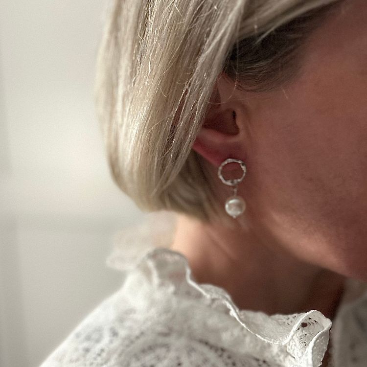 Molten Halo Sterling Silver Pearl Drop Earrings - Samuel Perry