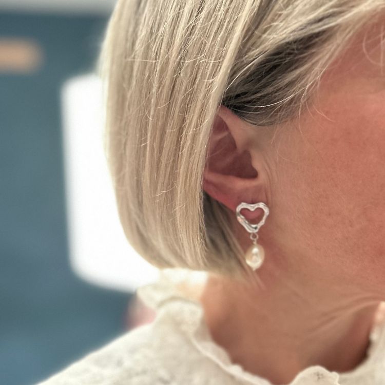 Molten Heart Sterling Silver Pearl Drop Earrings - Samuel Perry