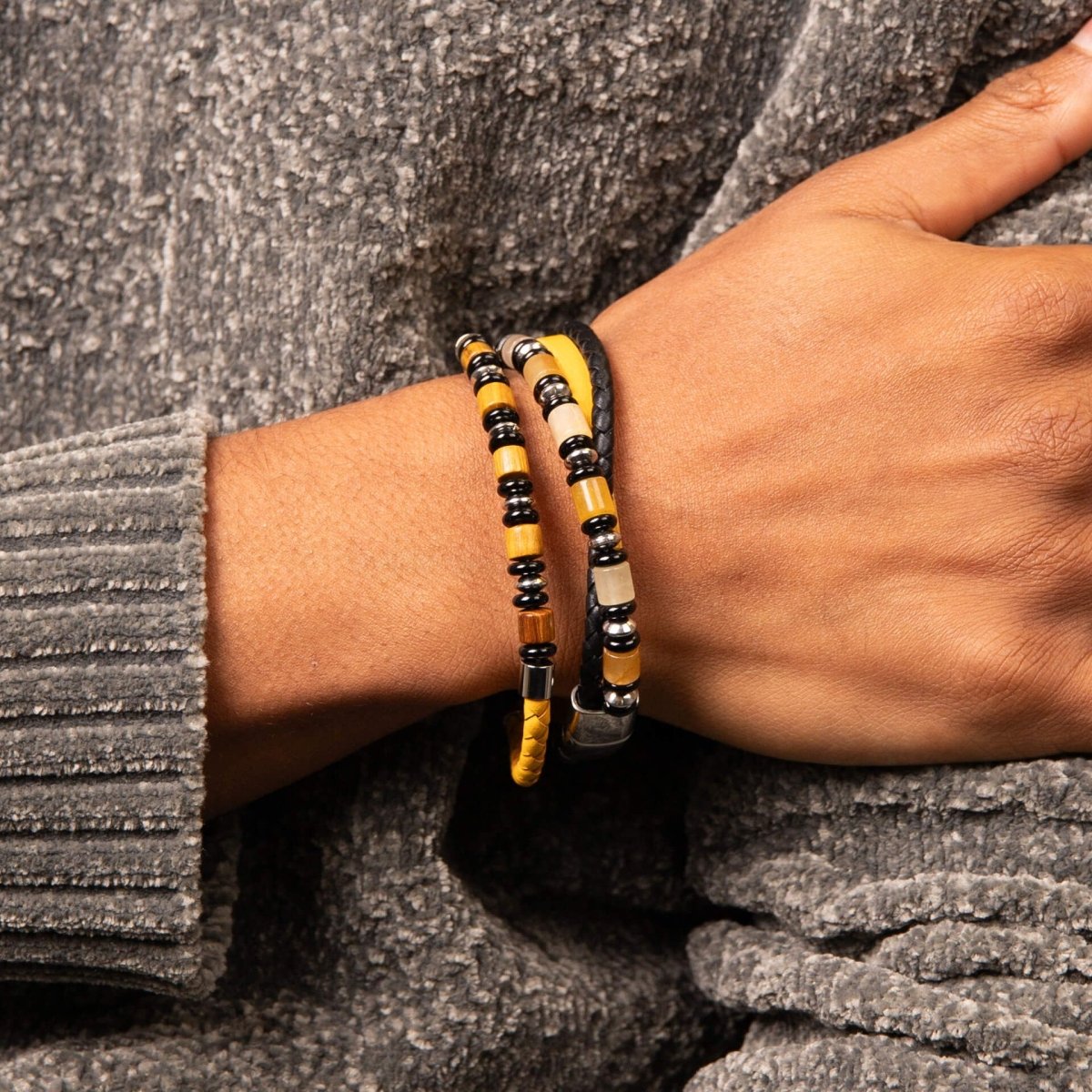 Multi Layered Leather Bracelet with Wood and Black Onyx Beads - Samuel Perry