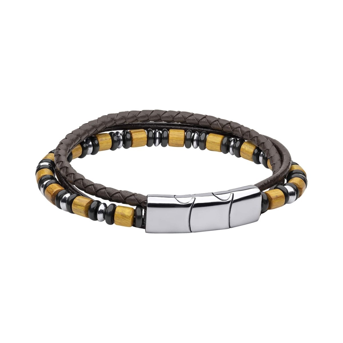 Multi Layered Leather Bracelet with Wood and Black Onyx Beads - Samuel Perry