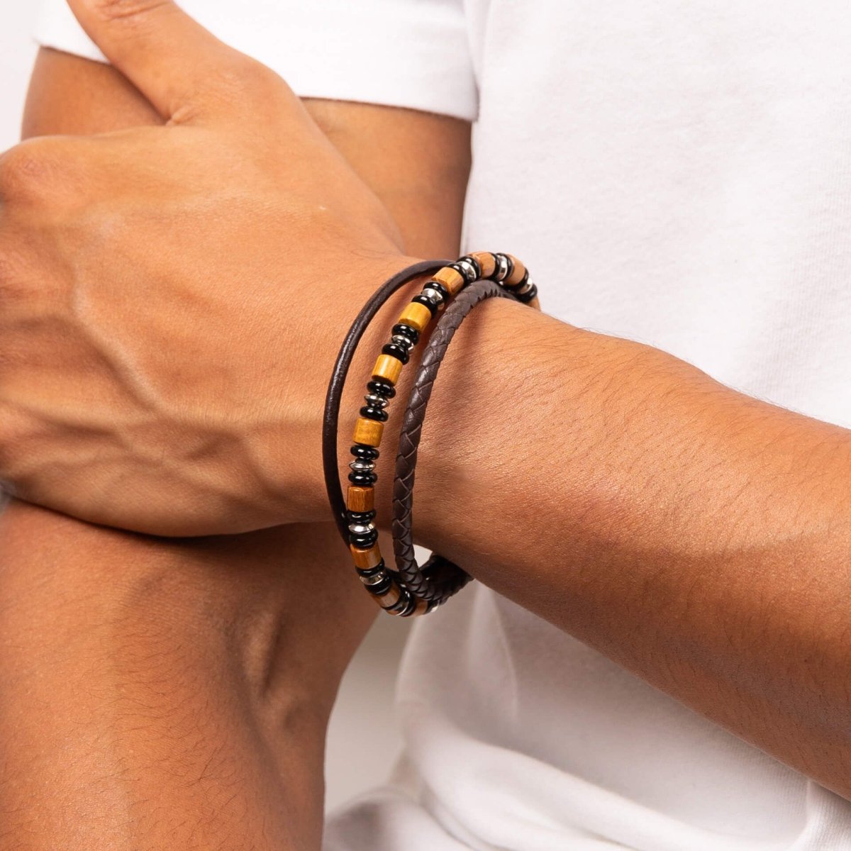 Multi Layered Leather Bracelet with Wood and Black Onyx Beads - Samuel Perry