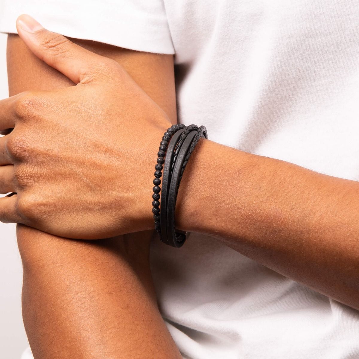 Multi Row Black Leather Bracelet with Lava Beads - Samuel Perry