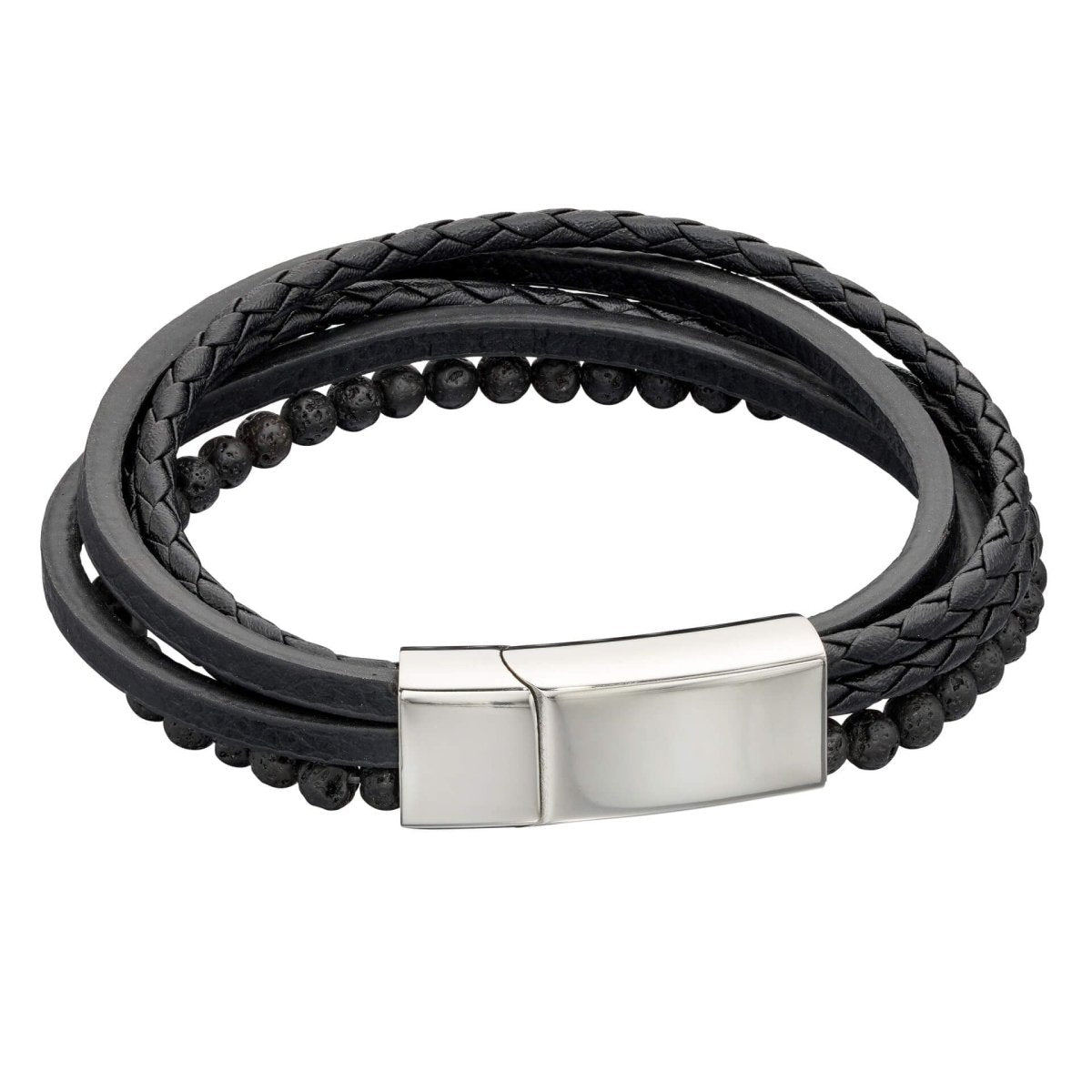 Multi Row Black Leather Bracelet with Lava Beads - Samuel Perry