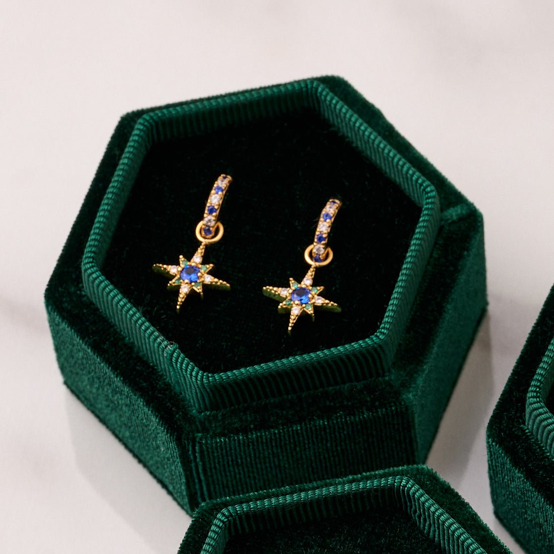Nova North Star Huggie Hoops Sapphire Emerald CZ and Gold - Samuel Perry