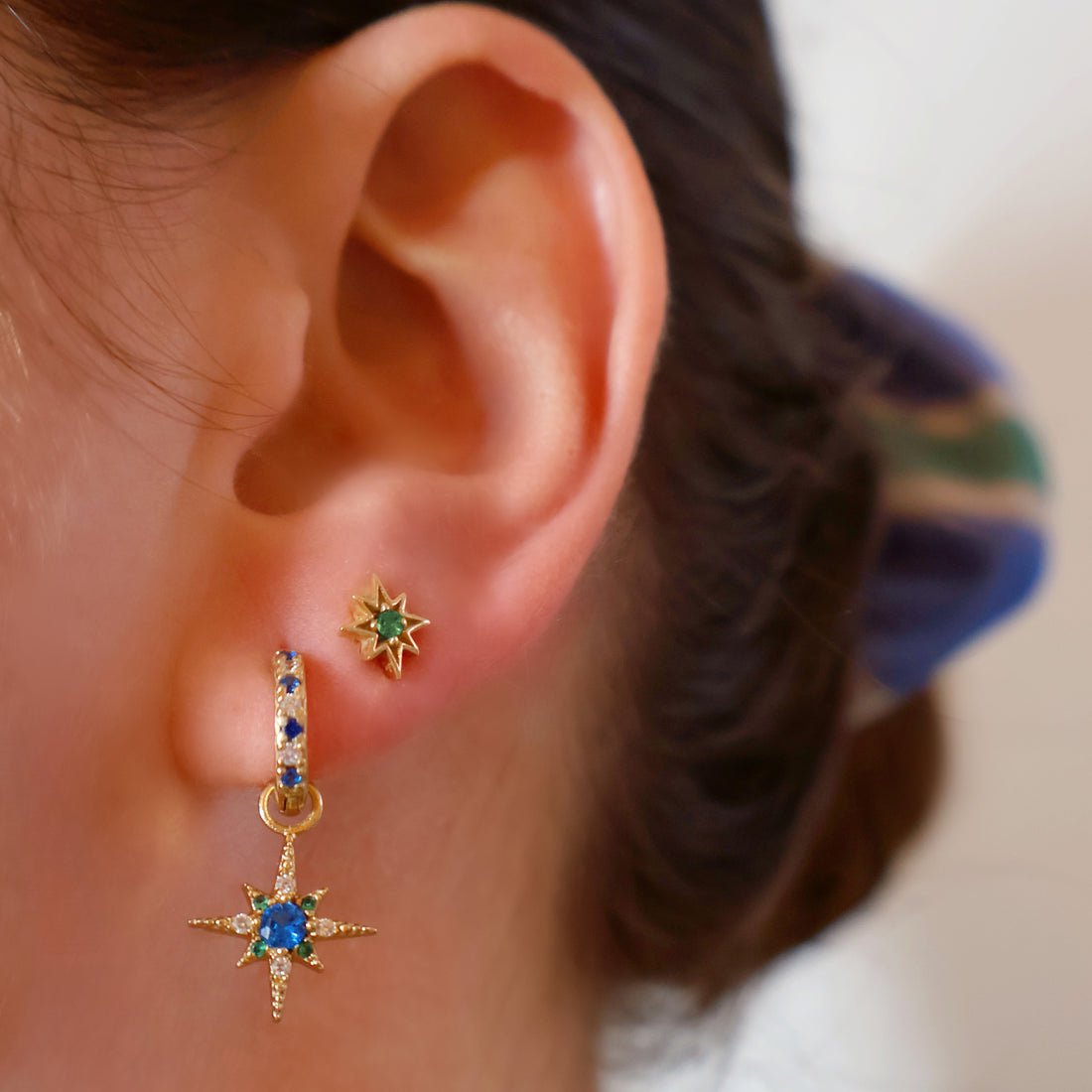 Nova North Star Huggie Hoops Sapphire Emerald CZ and Gold - Samuel Perry