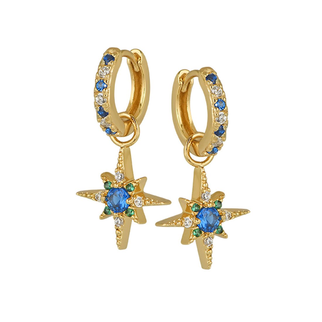 Nova North Star Huggie Hoops Sapphire Emerald CZ and Gold - Samuel Perry