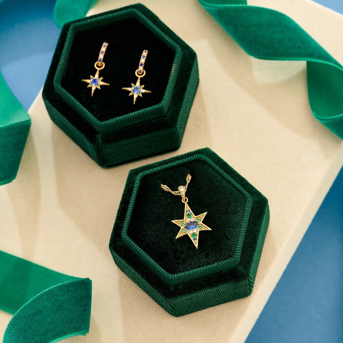 Nova North Star Huggie Hoops Sapphire Emerald CZ and Gold - Samuel Perry