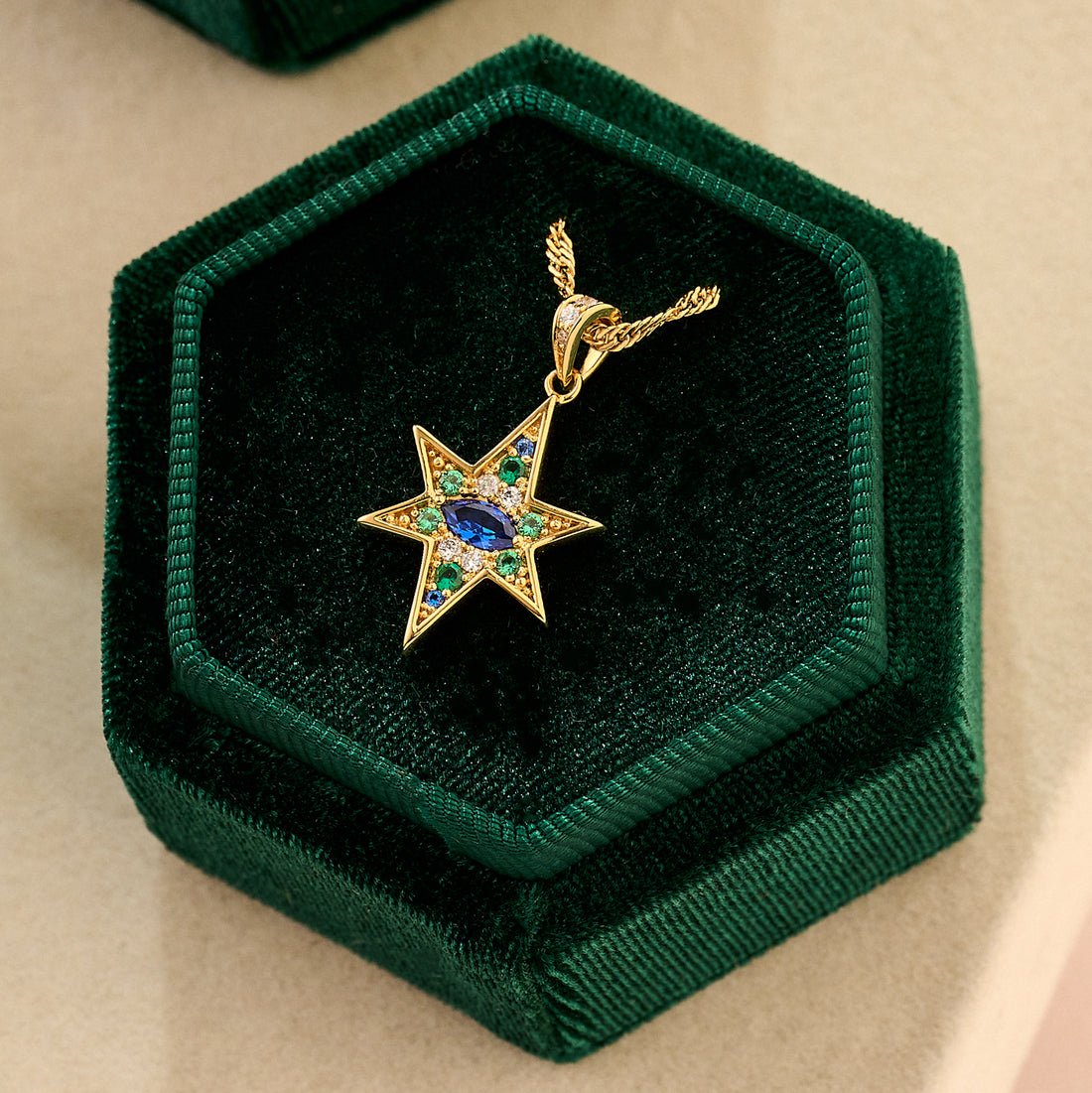 Nova North Star Necklace Sapphire, Emerald CZ and Gold - Samuel Perry