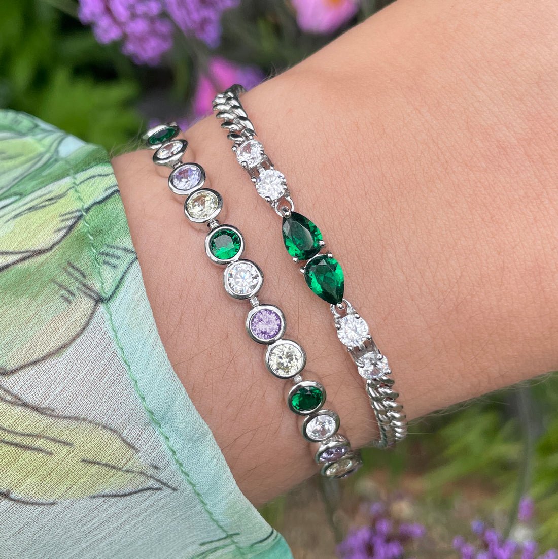 Sofia Teardrop Curb Chain Bracelet Emerald Green CZ and Silver - Samuel Perry