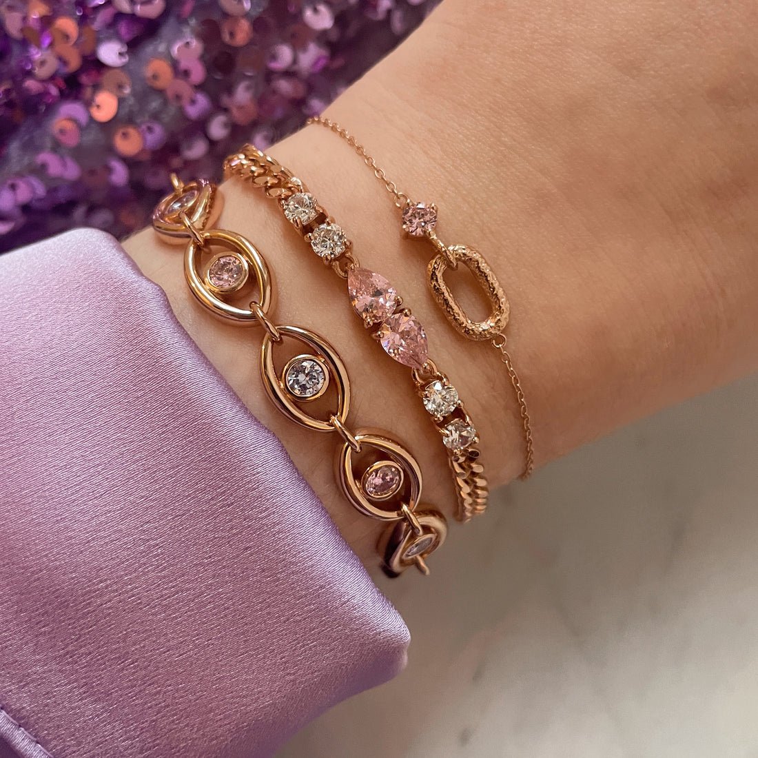 Sofia Teardrop Curb Chain Bracelet Rose Pink CZ and Rose Gold - Samuel Perry