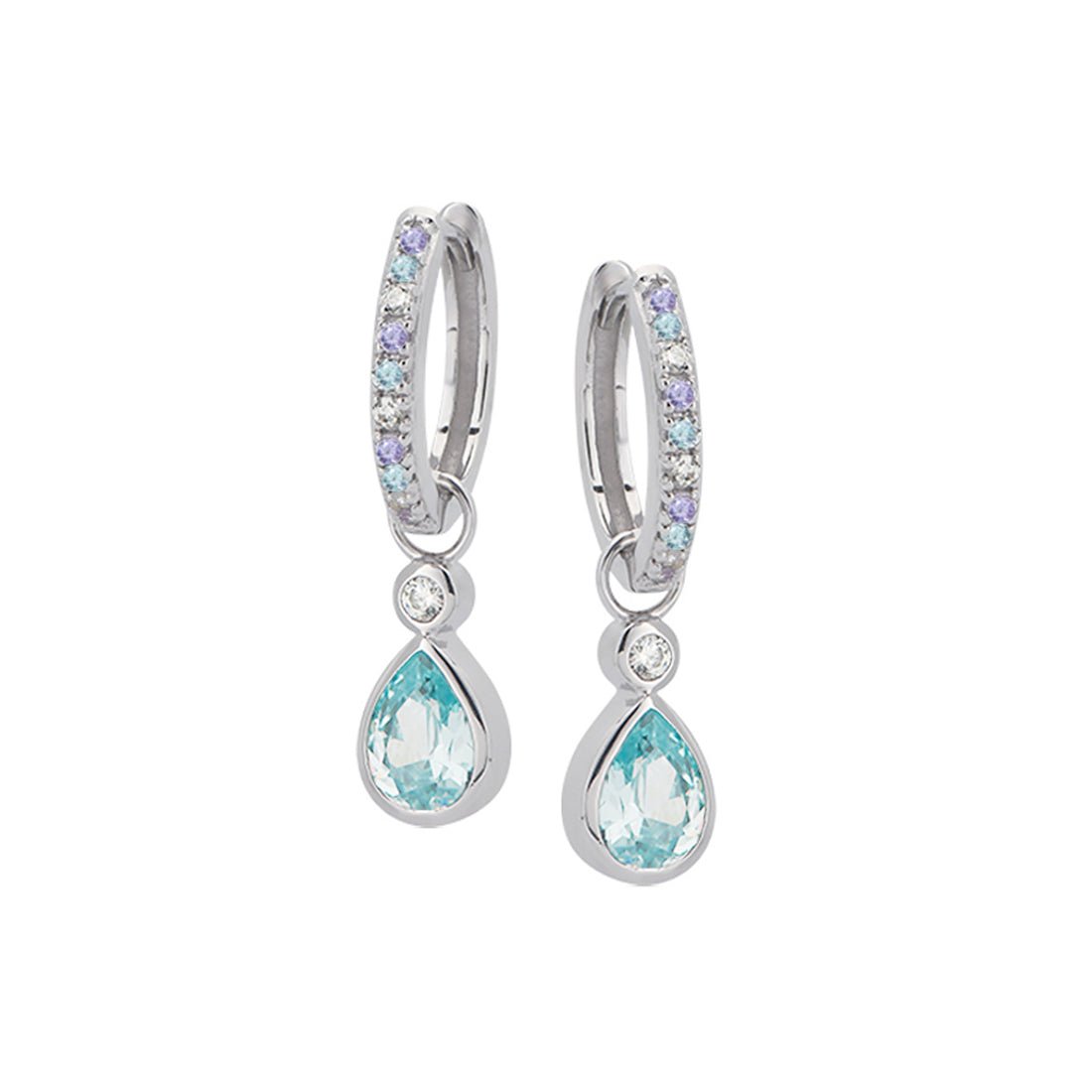 Sofia Teardrop Huggies Aquamarine, Lilac, Clear and Silver - Samuel Perry