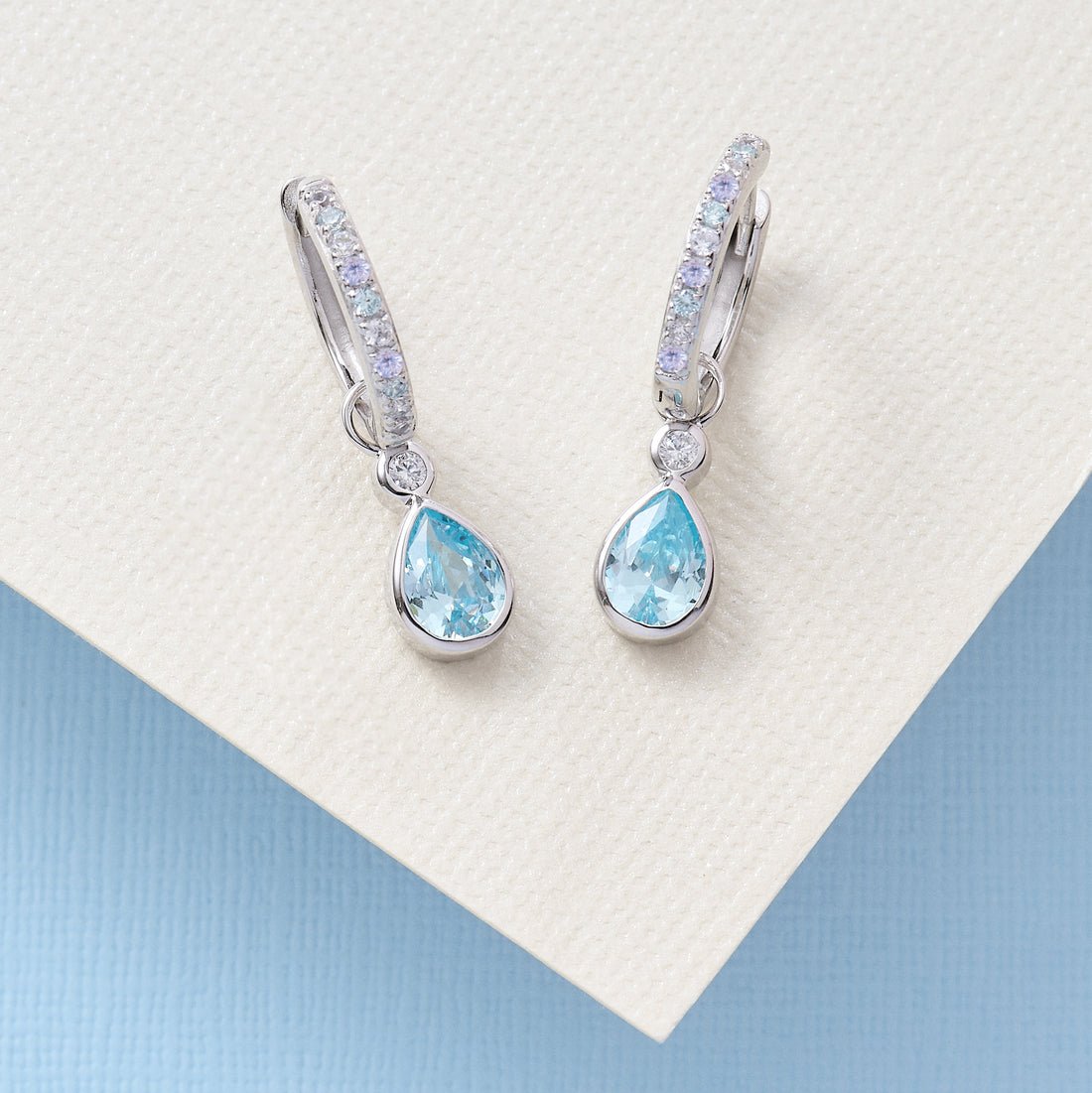 Sofia Teardrop Huggies Aquamarine, Lilac, Clear and Silver - Samuel Perry