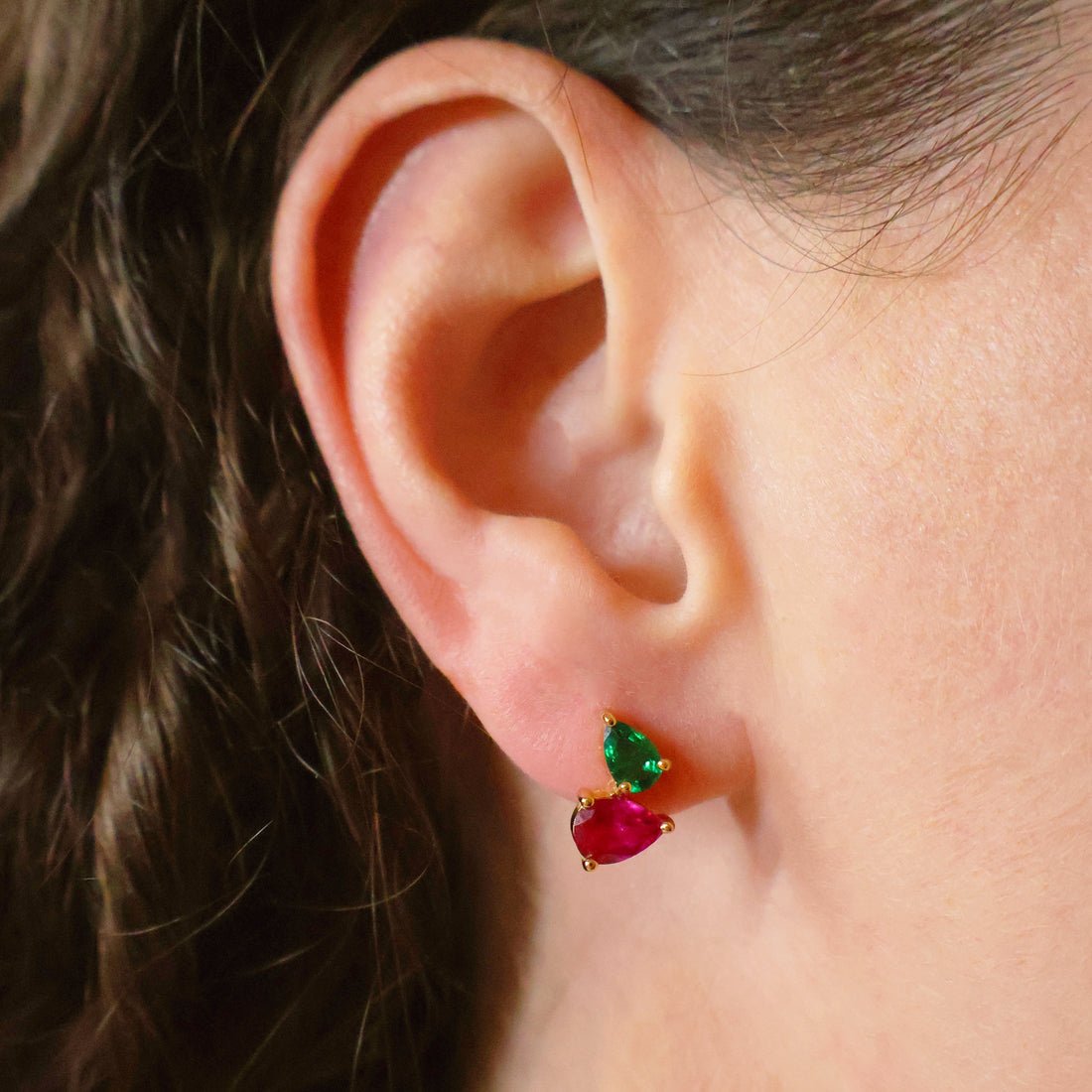 Sofia Teardrop Studs Bright Pink, Emerald Green CZ and Gold - Samuel Perry