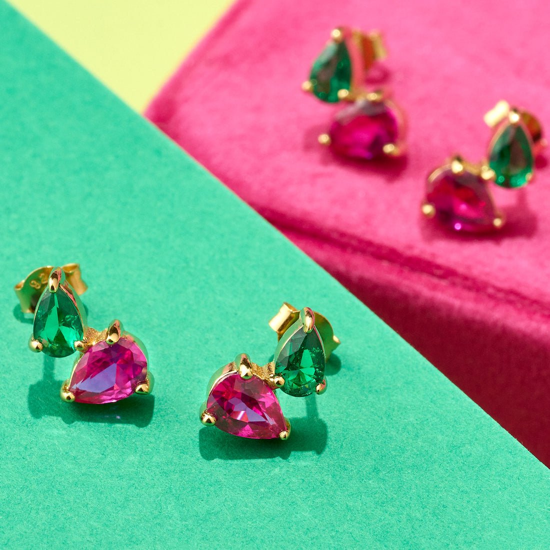 Sofia Teardrop Studs Bright Pink, Emerald Green CZ and Gold - Samuel Perry
