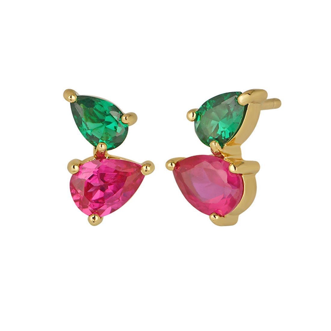 Sofia Teardrop Studs Bright Pink, Emerald Green CZ and Gold - Samuel Perry