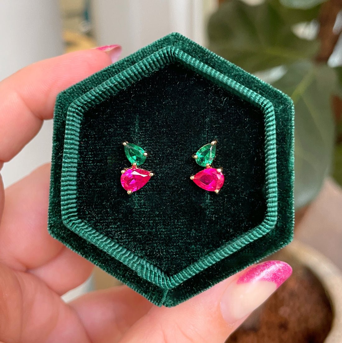 Sofia Teardrop Studs Bright Pink, Emerald Green CZ and Gold - Samuel Perry