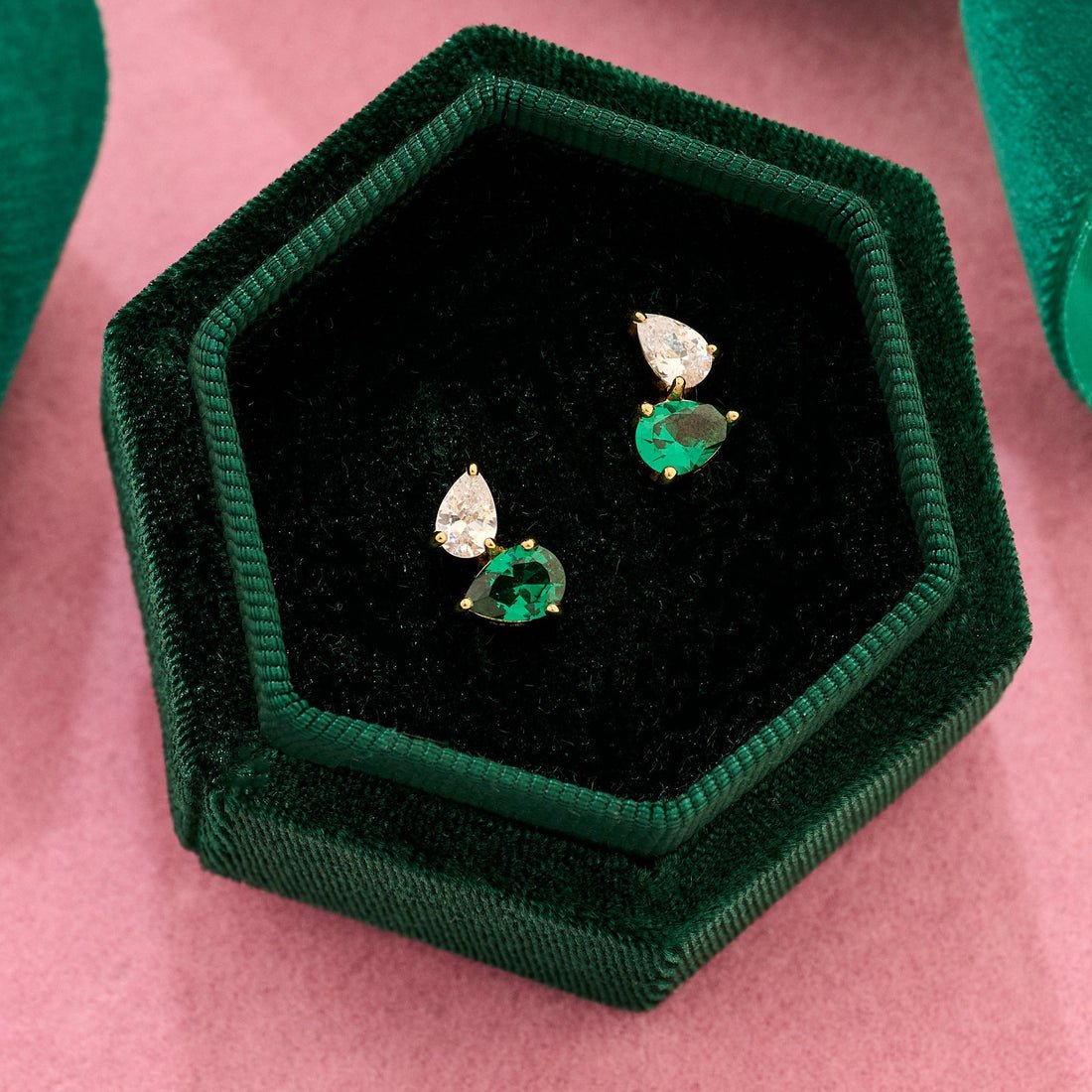 Sofia Teardrop Studs Emerald Green, Clear and Gold - Samuel Perry